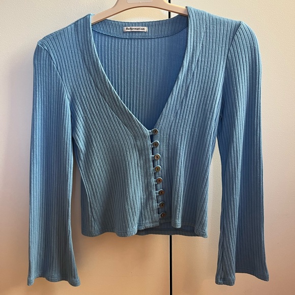 Reformation geller knit top baby blue size small - Picture 2 of 3